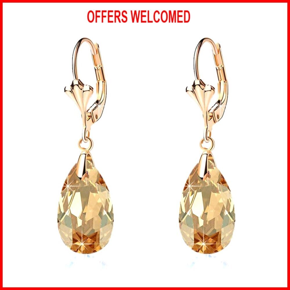 Austrian Crystal Teardrop Leverback Dangle Earrings 14K Gold Plated